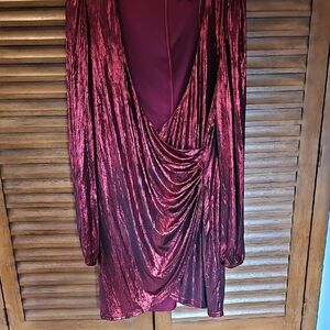 Fashion Nova Metallic Red Draped Long Sleeve Mini Dress